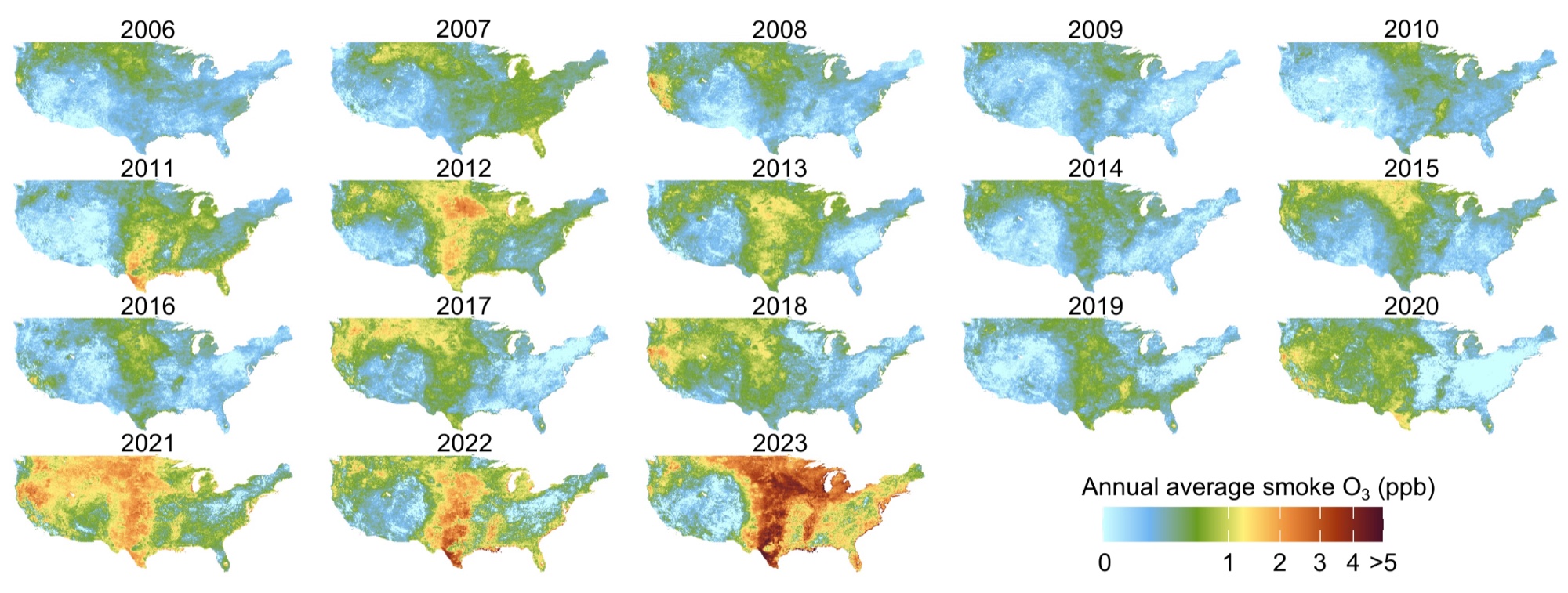 Annual average smoke-attributable ozone across the contiguous US, 2006 to 2023