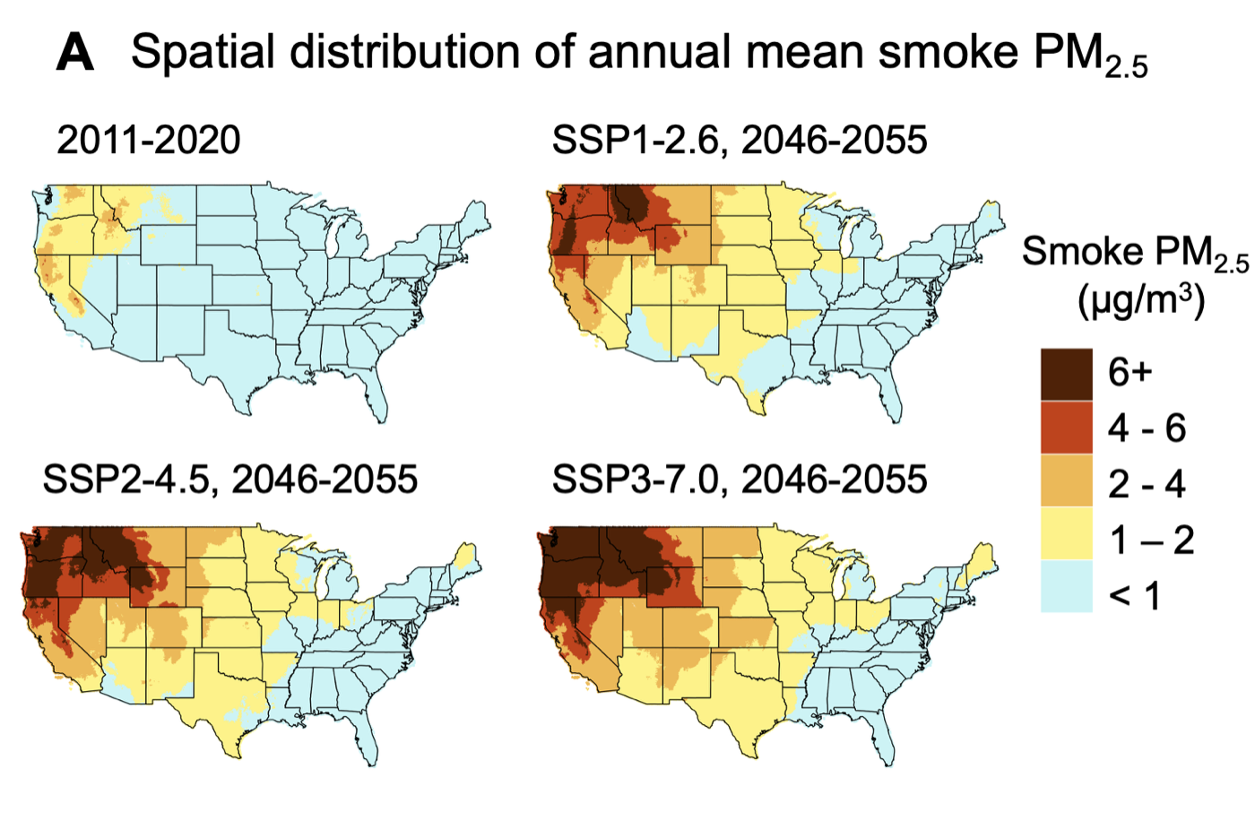 Maps of annual mean smoke PM2.5 over the contiguous US, historical and under three future emissions scenarios